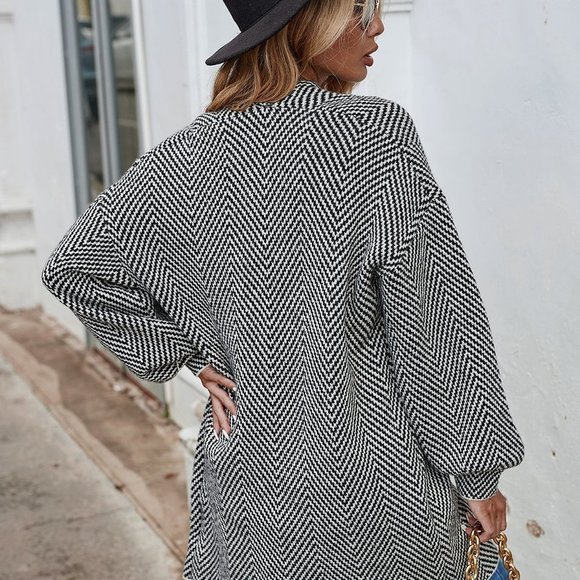 Black And White Preppy Womens Lantern Sleeve Drop Shoulder Duster Cardigan - Picture 2 of 5